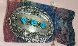 VINTAGE UNIQUE! NAVAJO STERLING TURQUOISE BELT BUCKLE! 98.2 g L O SIGN GREAT