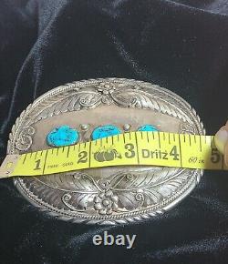 VINTAGE UNIQUE! NAVAJO STERLING TURQUOISE BELT BUCKLE! 98.2 g L O SIGN GREAT