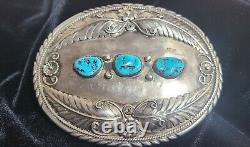 VINTAGE UNIQUE! NAVAJO STERLING TURQUOISE BELT BUCKLE! 98.2 g L O SIGN GREAT