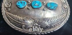 VINTAGE UNIQUE! NAVAJO STERLING TURQUOISE BELT BUCKLE! 98.2 g L O SIGN GREAT