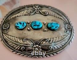 VINTAGE UNIQUE! NAVAJO STERLING TURQUOISE BELT BUCKLE! 98.2 g L O SIGN GREAT