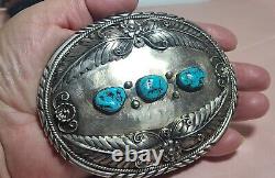 VINTAGE UNIQUE! NAVAJO STERLING TURQUOISE BELT BUCKLE! 98.2 g L O SIGN GREAT