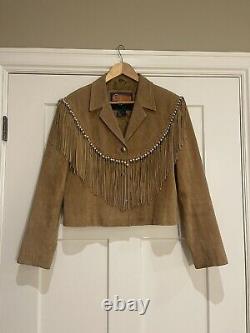 VNTG 100% Leather Beaded Fringe Jacket Skirt Set Rare, Large Native Western Brwn