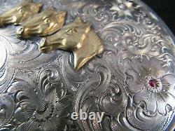VOGT 3 HORSE belt buckle STERLING SILVER western large engraved GOLD RUBYS
