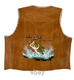 VTG 1970s Cheyenne Hand Painted Suede Western Vest Trout Back Sherpa Lined Sz L VTG 1970s Cheyenne Hand Painted Suede Western Vest Trout Back Sherpa Lined Sz L