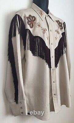 VTG 1970s H BAR C Ranchwear Rodeo Western Shirt Fringe Pearl Snaps Tan/Brown LRG