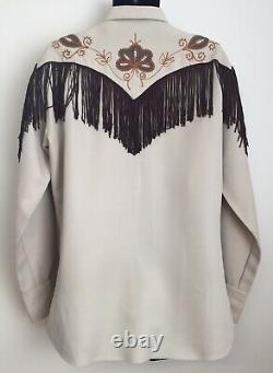 VTG 1970s H BAR C Ranchwear Rodeo Western Shirt Fringe Pearl Snaps Tan/Brown LRG