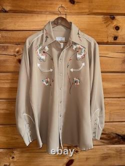 VTG 50/60's H Bar C California Ranchwear Tan Rayon Chain Stitch Western Shirt L
