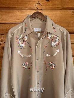 VTG 50/60's H Bar C California Ranchwear Tan Rayon Chain Stitch Western Shirt L