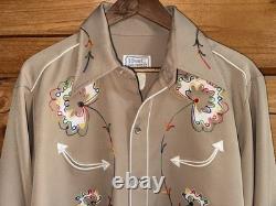 VTG 50/60's H Bar C California Ranchwear Tan Rayon Chain Stitch Western Shirt L