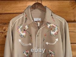 VTG 50/60's H Bar C California Ranchwear Tan Rayon Chain Stitch Western Shirt L