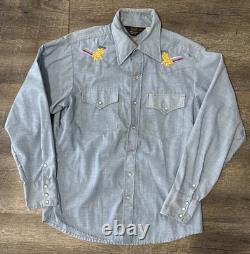 VTG 60s 70s Sears Western Wear Pearl Snap Shirt Embroidered Large Nature Aztec