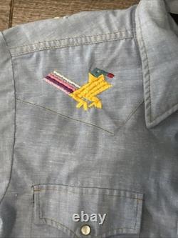 VTG 60s 70s Sears Western Wear Pearl Snap Shirt Embroidered Large Nature Aztec