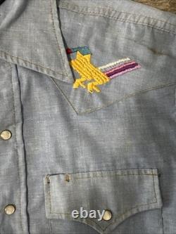 VTG 60s 70s Sears Western Wear Pearl Snap Shirt Embroidered Large Nature Aztec