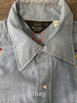 VTG 60s 70s Sears Western Wear Pearl Snap Shirt Embroidered Large Nature Aztec