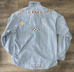 VTG 60s 70s Sears Western Wear Pearl Snap Shirt Embroidered Large Nature Aztec