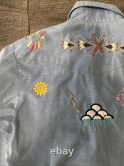 VTG 60s 70s Sears Western Wear Pearl Snap Shirt Embroidered Large Nature Aztec