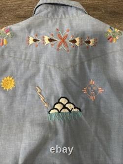 VTG 60s 70s Sears Western Wear Pearl Snap Shirt Embroidered Large Nature Aztec