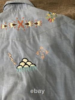 VTG 60s 70s Sears Western Wear Pearl Snap Shirt Embroidered Large Nature Aztec