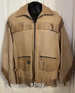VTG 70s Deerskin Leather Fringe Jacket Western Belted Rockabilly Tan Beige M/L