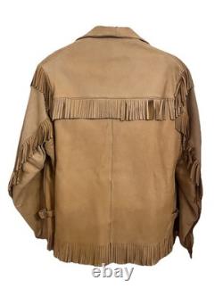 VTG 70s Deerskin Leather Fringe Jacket Western Belted Rockabilly Tan Beige M/L