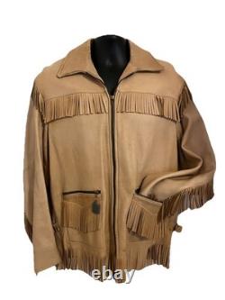 VTG 70s Deerskin Leather Fringe Jacket Western Belted Rockabilly Tan Beige M/L