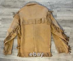 VTG 70s Deerskin Leather Fringe Jacket Western Belted Rockabilly Tan Beige M/L