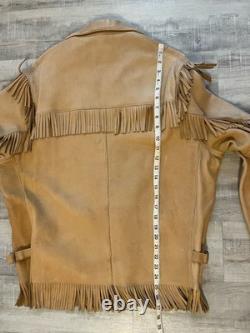 VTG 70s Deerskin Leather Fringe Jacket Western Belted Rockabilly Tan Beige M/L