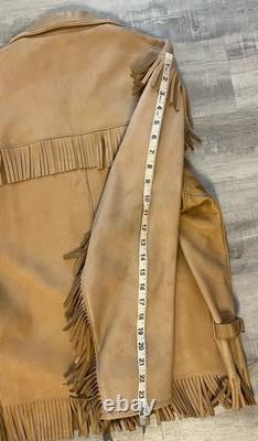 VTG 70s Deerskin Leather Fringe Jacket Western Belted Rockabilly Tan Beige M/L