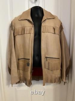 VTG 70s Deerskin Leather Fringe Jacket Western Belted Rockabilly Tan Beige M/L