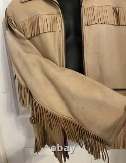 VTG 70s Deerskin Leather Fringe Jacket Western Belted Rockabilly Tan Beige M/L