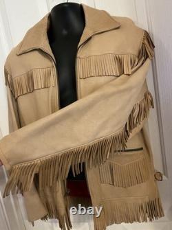 VTG 70s Deerskin Leather Fringe Jacket Western Belted Rockabilly Tan Beige M/L