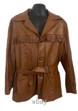VTG 70s Deerskin Leather Jacket Fringe Western Belted Dagger Rock Brown L/XL
