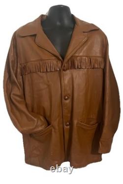 VTG 70s Deerskin Leather Jacket Fringe Western Belted Dagger Rock Brown L/XL