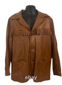 VTG 70s Deerskin Leather Jacket Fringe Western Belted Dagger Rock Brown L/XL
