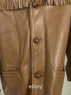VTG 70s Deerskin Leather Jacket Fringe Western Belted Dagger Rock Brown L/XL