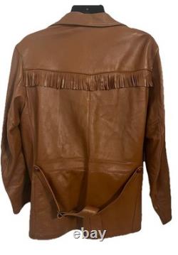 VTG 70s Deerskin Leather Jacket Fringe Western Belted Dagger Rock Brown L/XL