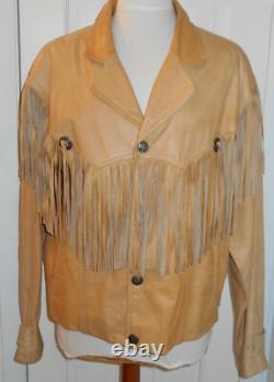 VTG 80s WESTERN TAN LEATHER FRINGE INDIAN HEAD NICKEL BUTTONS CONCHOS JACKETL