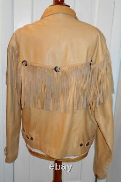 VTG 80s WESTERN TAN LEATHER FRINGE INDIAN HEAD NICKEL BUTTONS CONCHOS JACKETL