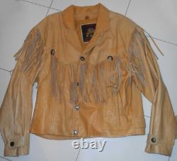 VTG 80s WESTERN TAN LEATHER FRINGE INDIAN HEAD NICKEL BUTTONS CONCHOS JACKETL