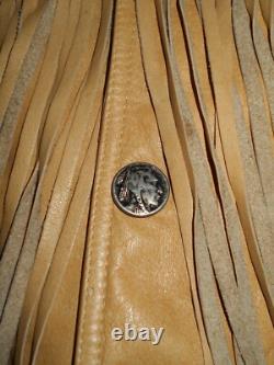 VTG 80s WESTERN TAN LEATHER FRINGE INDIAN HEAD NICKEL BUTTONS CONCHOS JACKETL