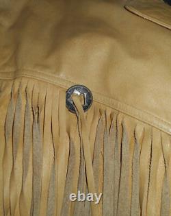 VTG 80s WESTERN TAN LEATHER FRINGE INDIAN HEAD NICKEL BUTTONS CONCHOS JACKETL