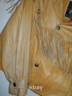 VTG 80s WESTERN TAN LEATHER FRINGE INDIAN HEAD NICKEL BUTTONS CONCHOS JACKETL
