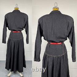 VTG 80s Western Black Denim Fit Flare Shirt Dress Paisley Yoke Basque Waist 12 L