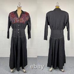 VTG 80s Western Black Denim Fit Flare Shirt Dress Paisley Yoke Basque Waist 12 L