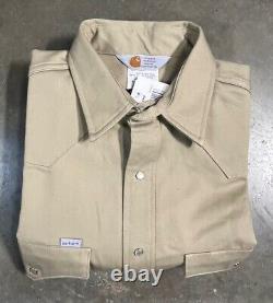 VTG Carhartt Khaki Cotton Duck Pearl Snap Western Shirt 16.5 X 35 Made In 1999