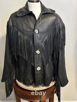 VTG Custom Made Western Black Buckskin Leather Fringe Jacket Antlers Button sz L