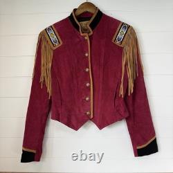 VTG Frontier Western Leather Fringe Jacket Beaded Cowgirl Rodeo Motorcycle M/L