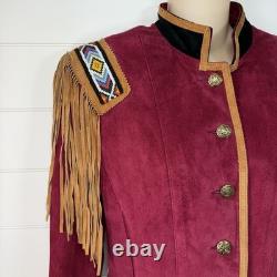 VTG Frontier Western Leather Fringe Jacket Beaded Cowgirl Rodeo Motorcycle M/L