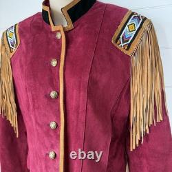 VTG Frontier Western Leather Fringe Jacket Beaded Cowgirl Rodeo Motorcycle M/L